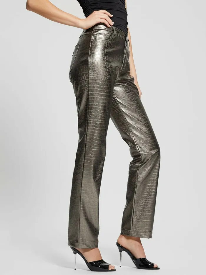 Women GUESS Ambra Metallic FauxLeather Pants Antique Metal Bottoms