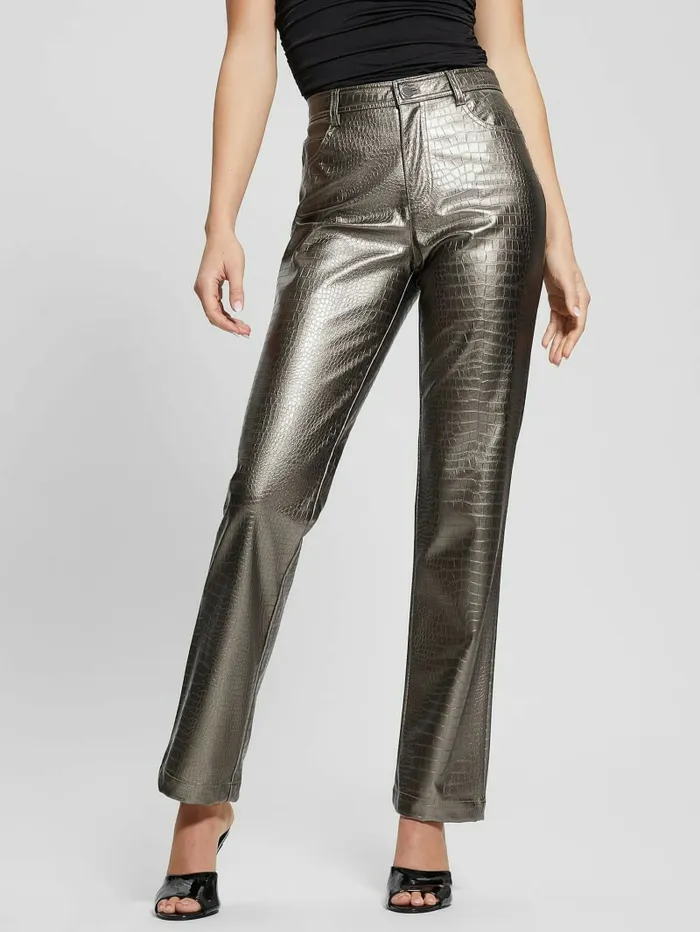 Women GUESS Ambra Metallic FauxLeather Pants Antique Metal Bottoms Women GUESS Ambra Metallic FauxLeather Pants Antique Metal Bottoms