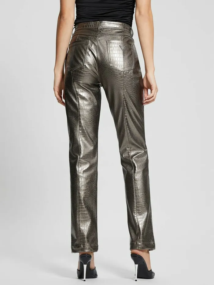 Women GUESS Ambra Metallic FauxLeather Pants Antique Metal Bottoms Women GUESS Ambra Metallic FauxLeather Pants Antique Metal Bottoms