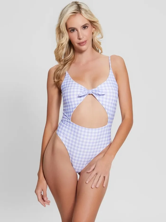 Women GUESS Eco Gingham OnePiece Swimsuit Small White Lavander Vich Swimwear