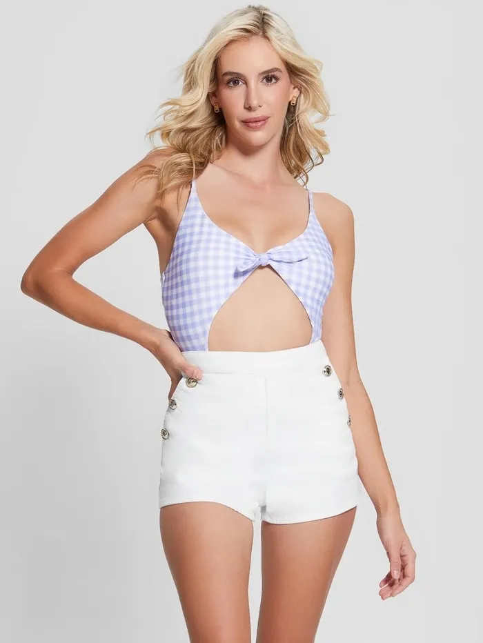 Women GUESS Eco Gingham OnePiece Swimsuit Small White Lavander Vich Swimwear Women GUESS Eco Gingham OnePiece Swimsuit Small White Lavander Vich Swimwear