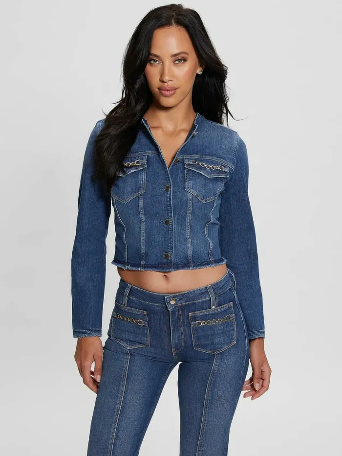 Women GUESS Eco Terrie Denim Jacket Enlinghtment Dark Jeans and Denim