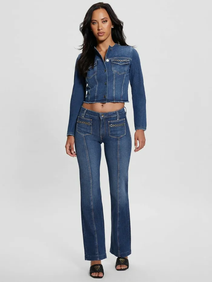 Women GUESS Eco Terrie Denim Jacket Enlinghtment Dark Jeans and Denim