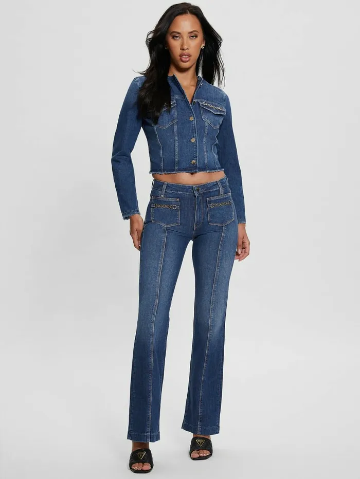 Women GUESS Eco Terrie Denim Jacket Enlinghtment Dark Jeans and Denim