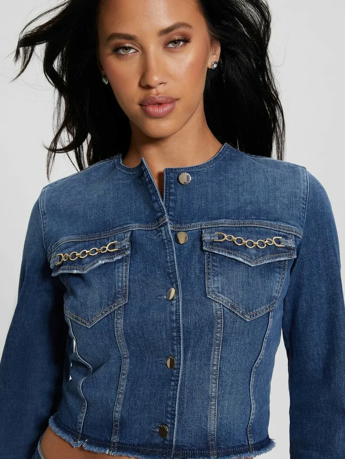 Women GUESS Eco Terrie Denim Jacket Enlinghtment Dark Jeans and Denim