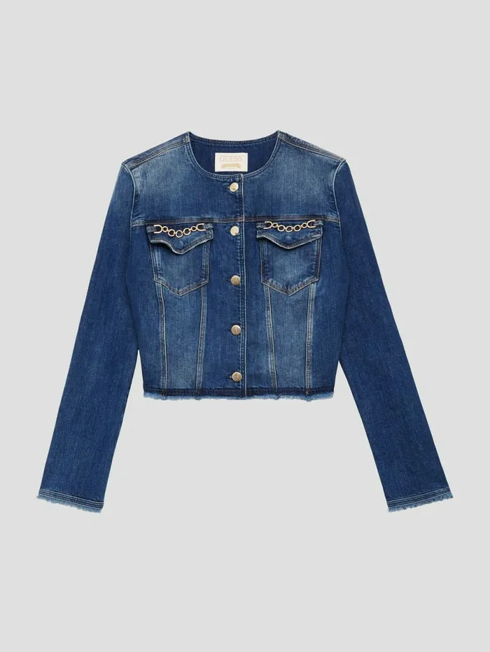 Women GUESS Eco Terrie Denim Jacket Enlinghtment Dark Jeans and Denim