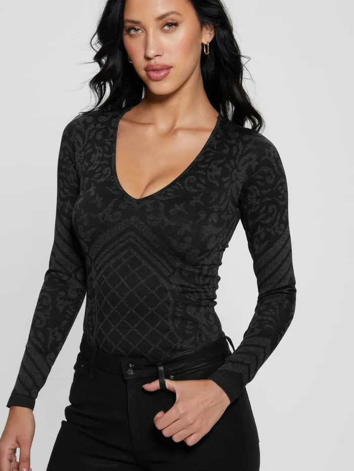 Women GUESS Gemma Seamless Bodysuit Jet Black Multi Tops