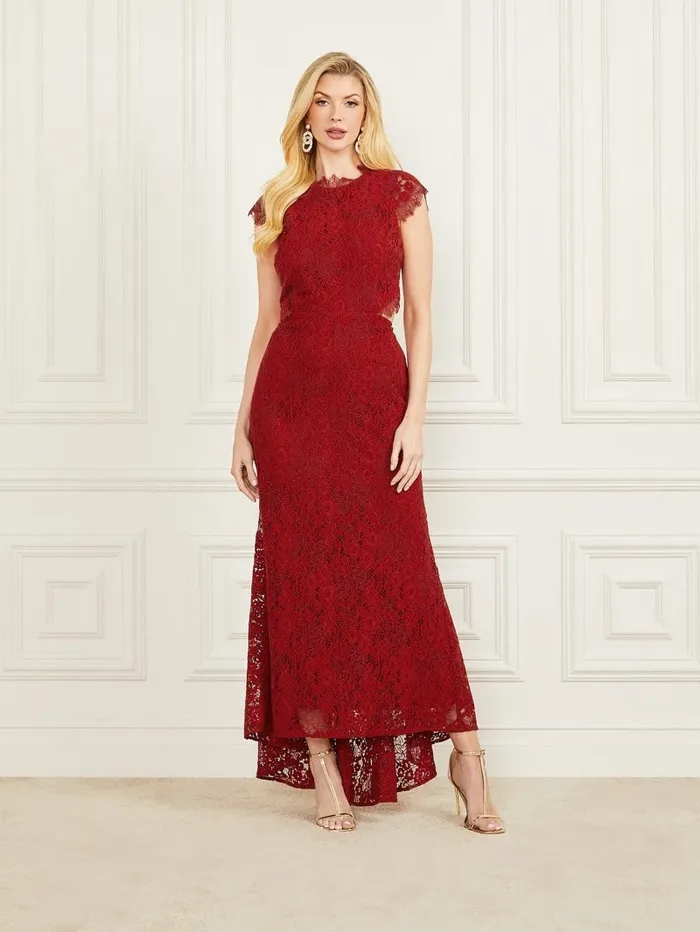 Women GUESS Hannah Lace Maxi Dress Lacquer Red A503 Dresses and Jumpsuits