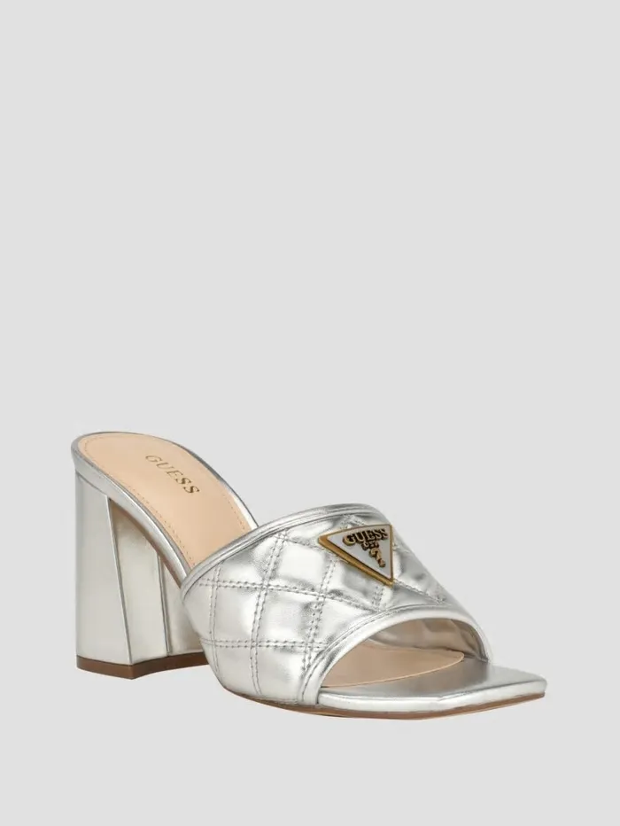 Women GUESS Quilted Block Metallic Heels Silver 040 Sandals