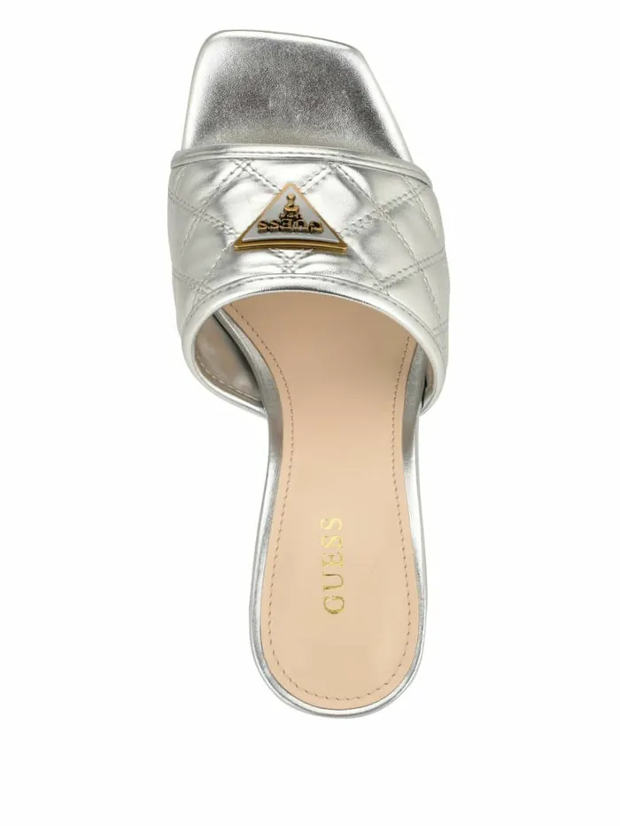 Women GUESS Quilted Block Metallic Heels Silver 040 Sandals Women GUESS Quilted Block Metallic Heels Silver 040 Sandals