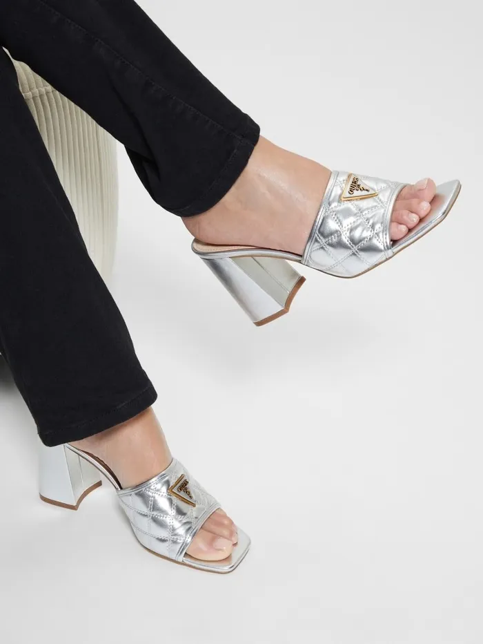 Women GUESS Quilted Block Metallic Heels Silver 040 Sandals Women GUESS Quilted Block Metallic Heels Silver 040 Sandals