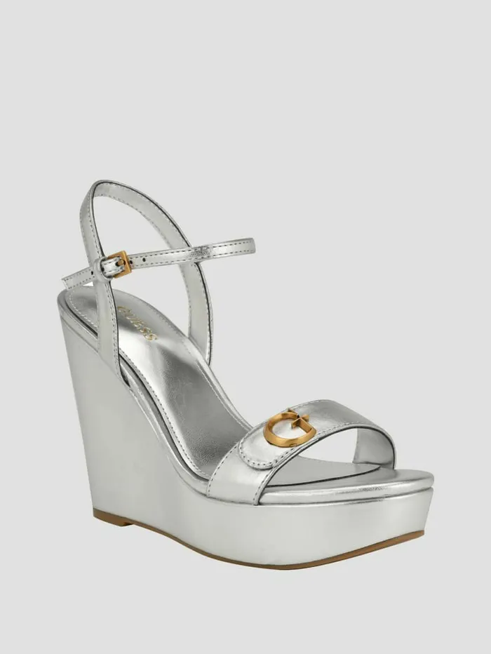 Women Himifa Shimmer Metallic G Wedge Sandals Silver 040 Heels GUESS