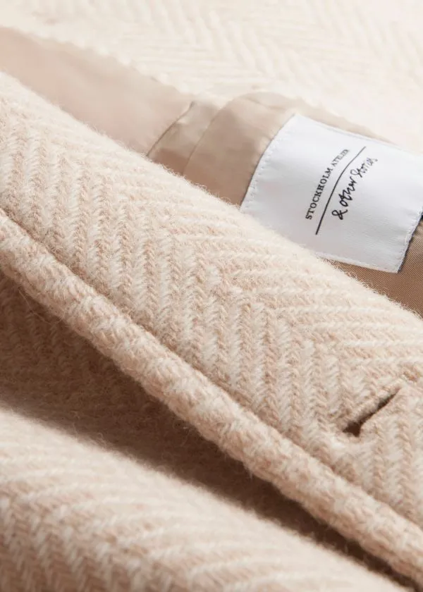 Women Jackets and Coats and Other Stories SingleBreasted MidLength Wool Coat Cream Herringbonepatterned
