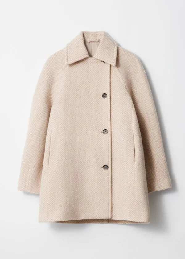 Women Jackets and Coats and Other Stories SingleBreasted MidLength Wool Coat Cream Herringbonepatterned