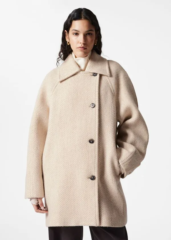 Women Jackets and Coats and Other Stories SingleBreasted MidLength Wool Coat Cream Herringbonepatterned