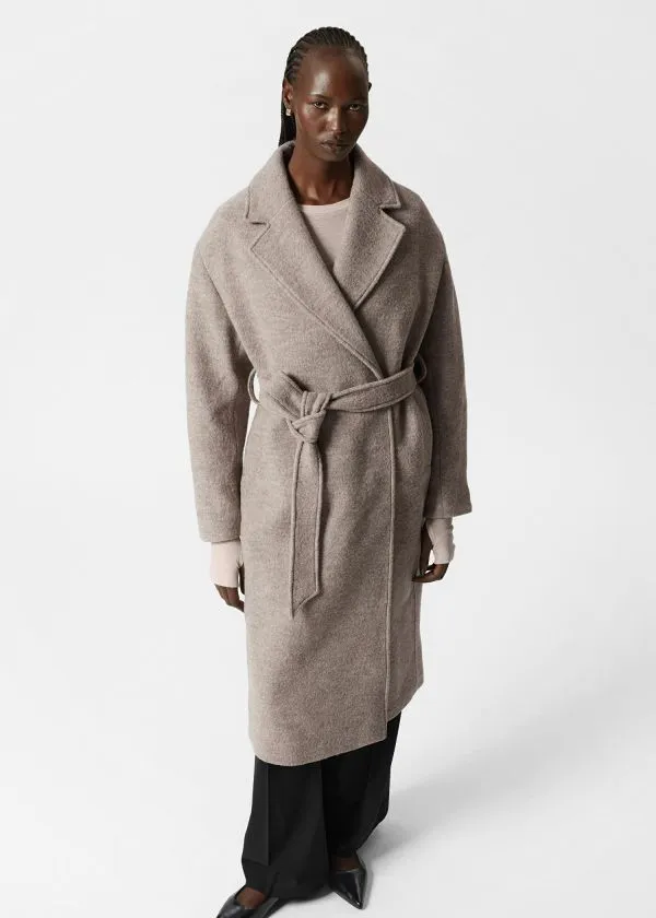 Women Jackets and Coats and Other Stories Voluminous Belted Wool Coat Beige