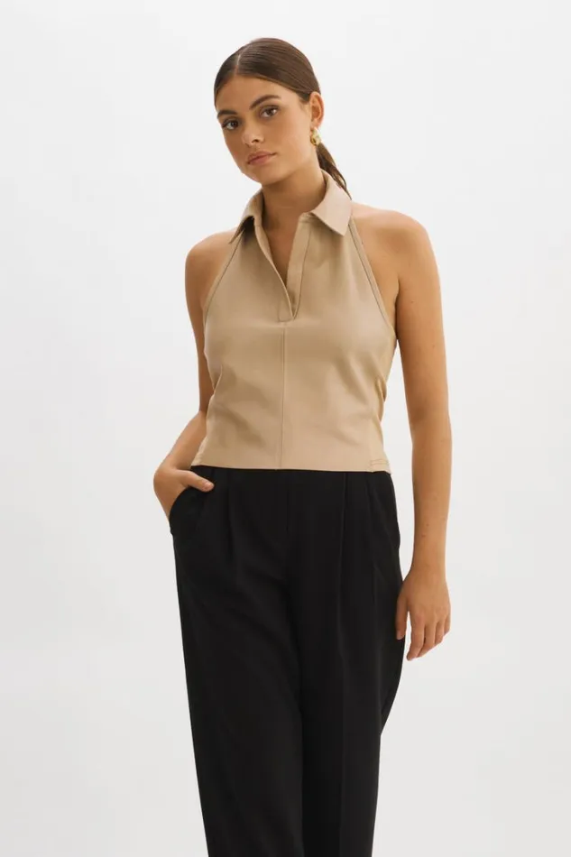 Women JULANE Leather Halterneck Top Wheat LAMARQUE Tops Women JULANE Leather Halterneck Top Wheat LAMARQUE Tops