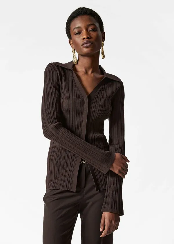 Women Knitwear and Other Stories Collared RibKnit Cardigan Dark Brown