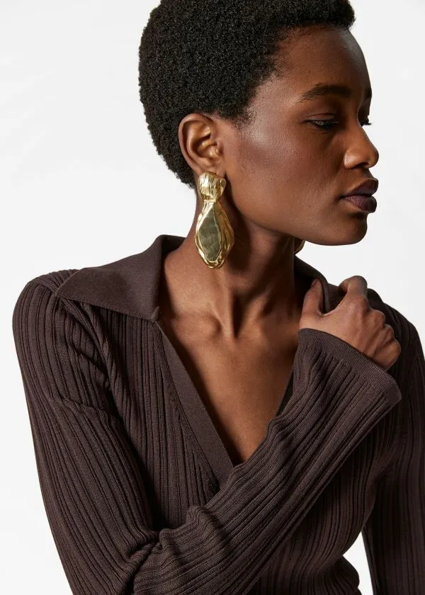Women Knitwear and Other Stories Collared RibKnit Cardigan Dark Brown