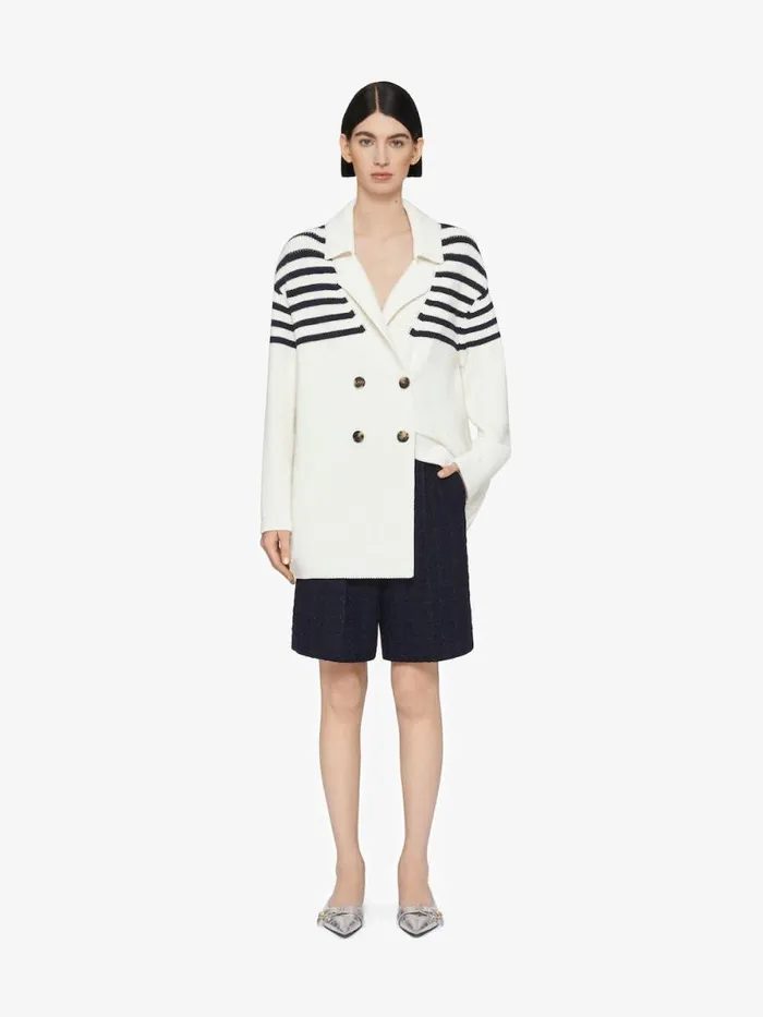 Women Knitwear Givenchy 4G Striped Cardigan In Wool And Cotton Whitenavy