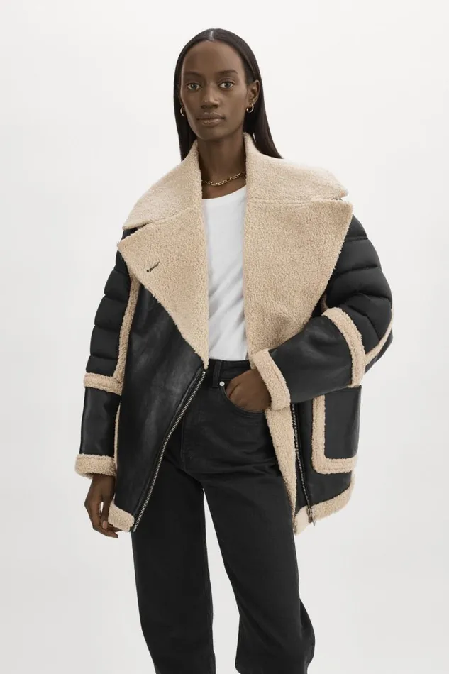 Women LISA Oversized Mixed Media Cocoon Jacket Blackecru LAMARQUE Leather Jackets Women LISA Oversized Mixed Media Cocoon Jacket Blackecru LAMARQUE Leather Jackets