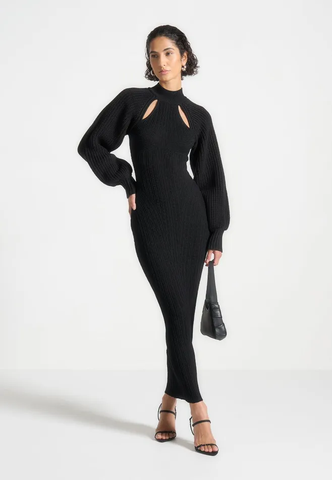 Women Manire De Voir Balloon Sleeve Knitted Contour Maxi Dress Black