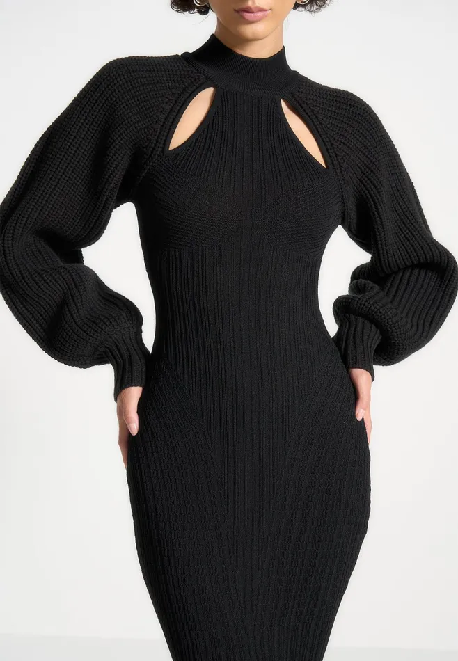 Women Manire De Voir Balloon Sleeve Knitted Contour Maxi Dress Black