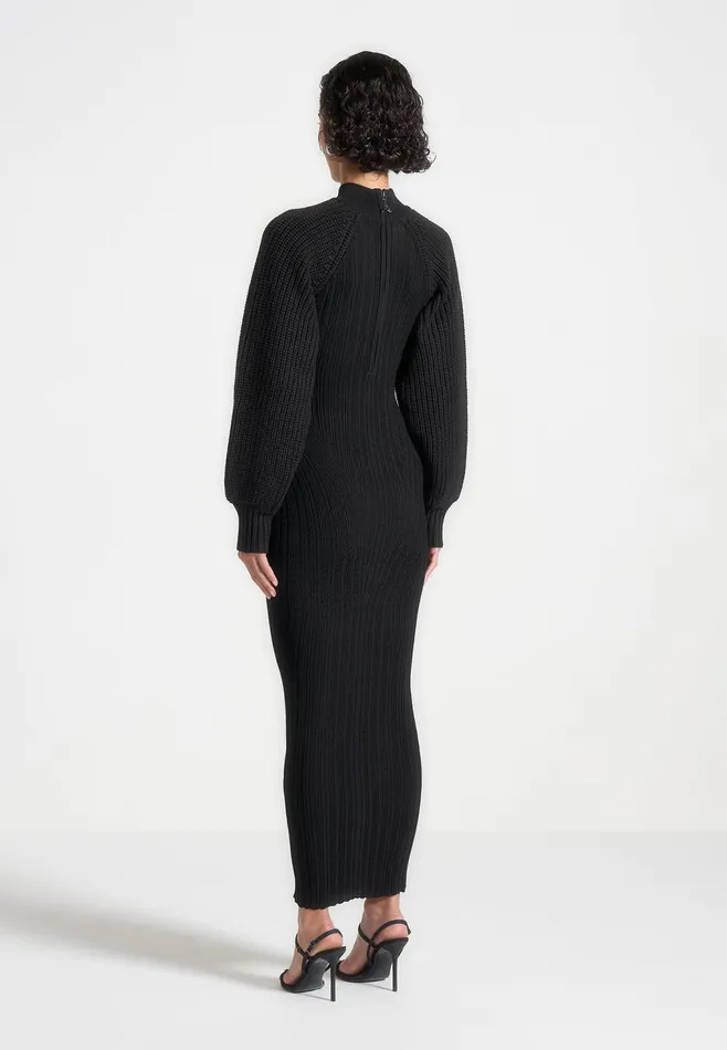 Women Manire De Voir Balloon Sleeve Knitted Contour Maxi Dress Black