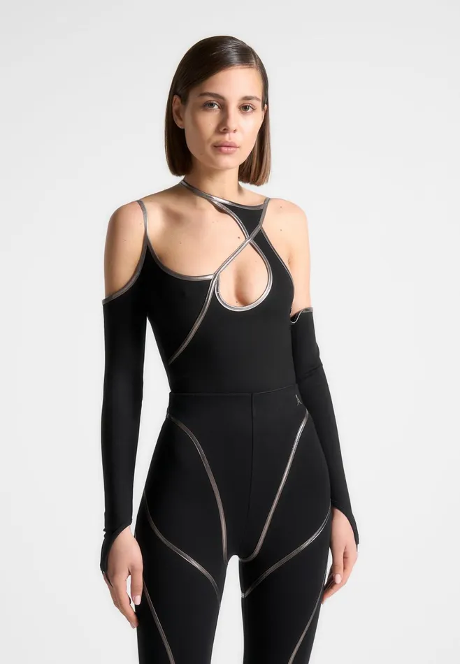 Women Manire De Voir Chrome Piped Contour Bodysuit Black
