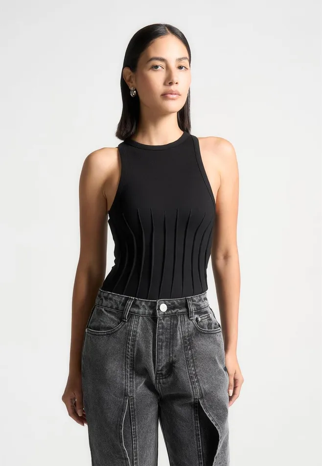 Women Manire De Voir Contour Pleated Racer Bodysuit Black