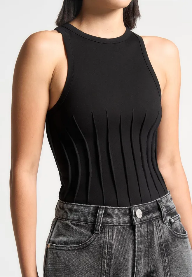 Women Manire De Voir Contour Pleated Racer Bodysuit Black