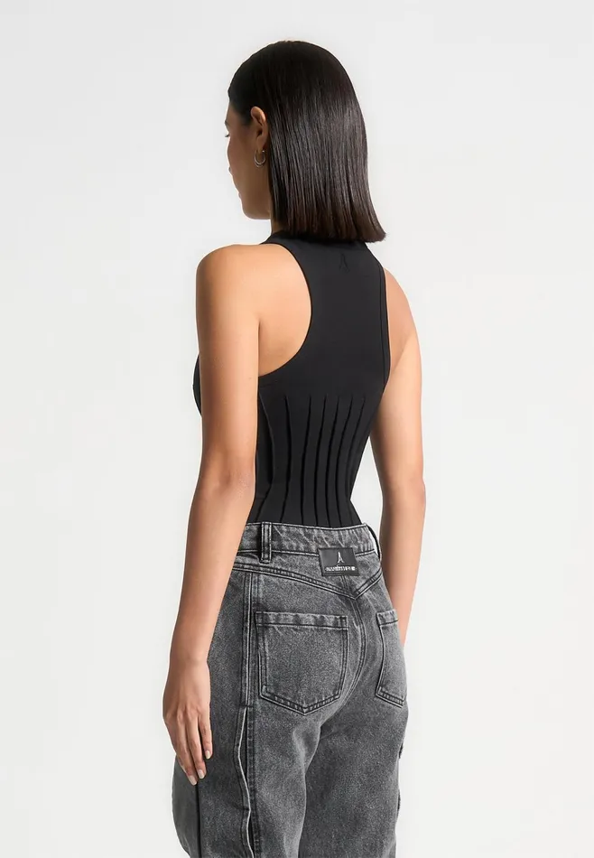 Women Manire De Voir Contour Pleated Racer Bodysuit Black