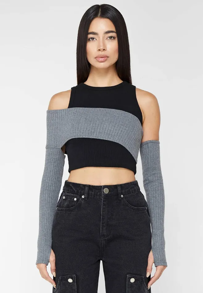 Women Manire De Voir Crop Top With Knitted Overlay Blackgrey