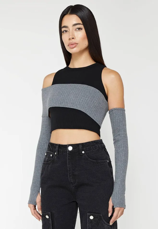 Women Manire De Voir Crop Top With Knitted Overlay Blackgrey