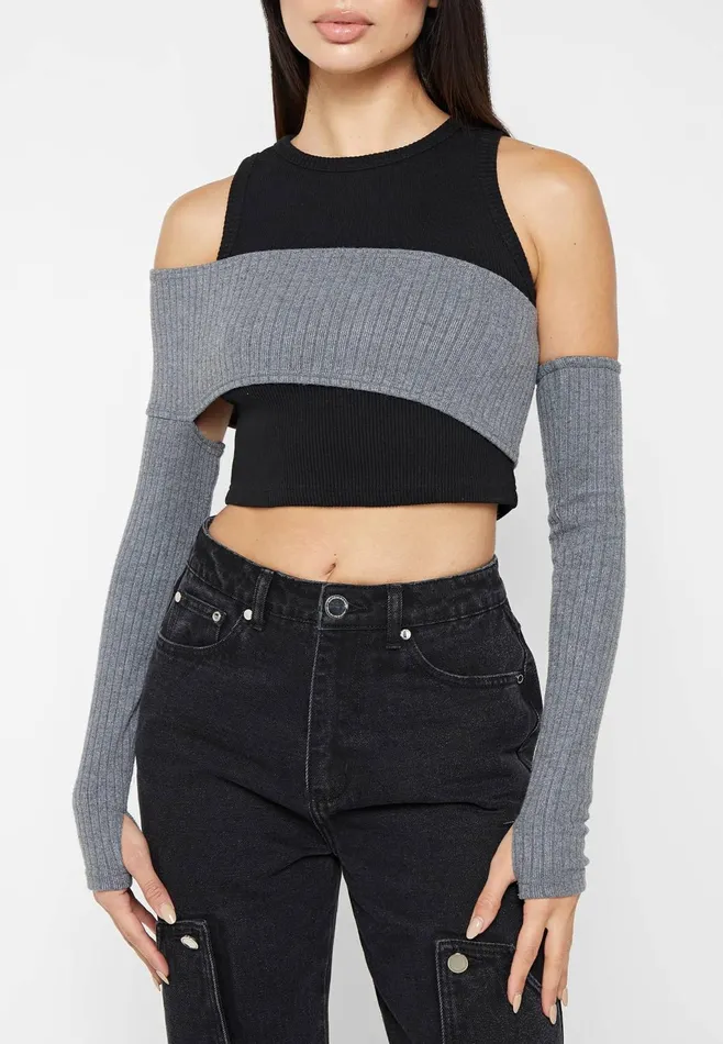 Women Manire De Voir Crop Top With Knitted Overlay Blackgrey