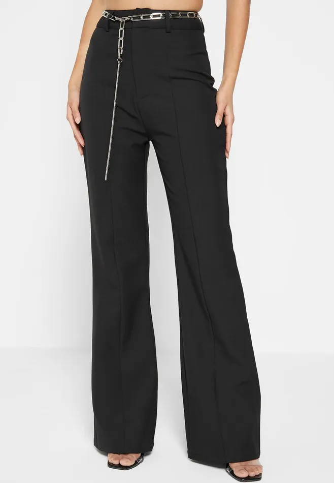 Women Manire De Voir Cut Out Flared Trousers With Chain Belt Black