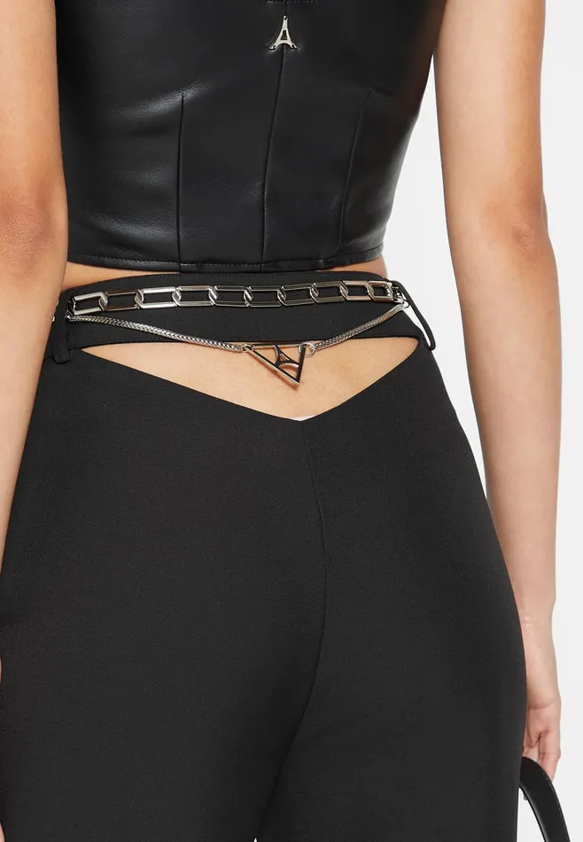 Women Manire De Voir Cut Out Flared Trousers With Chain Belt Black