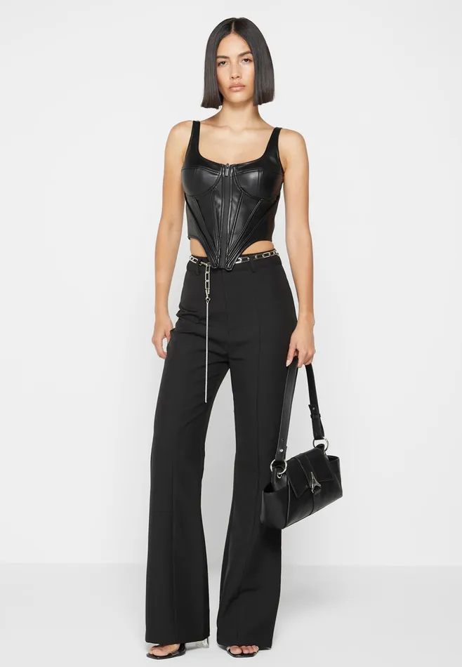 Women Manire De Voir Cut Out Flared Trousers With Chain Belt Black