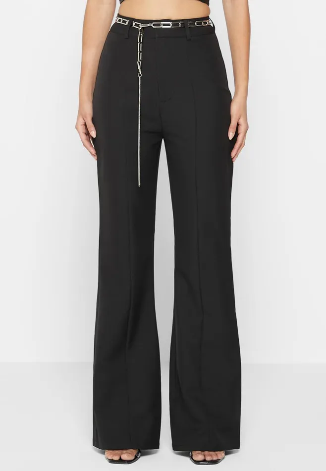 Women Manire De Voir Cut Out Flared Trousers With Chain Belt Black
