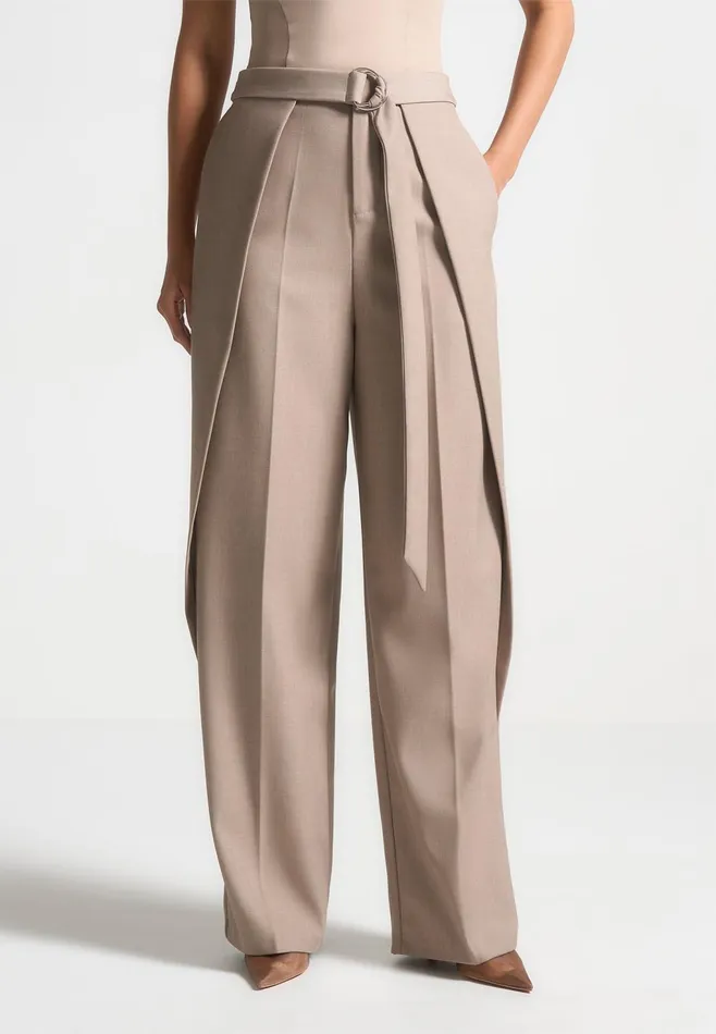 Women Manire De Voir Foldover Tailored Trousers With DRing Belt Taupe