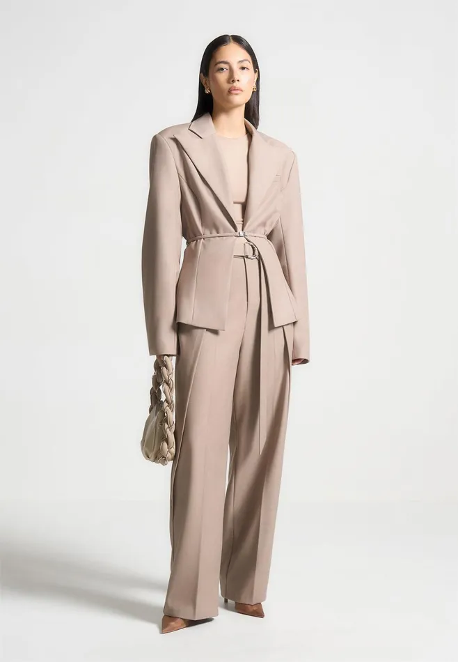 Women Manire De Voir Foldover Tailored Trousers With DRing Belt Taupe
