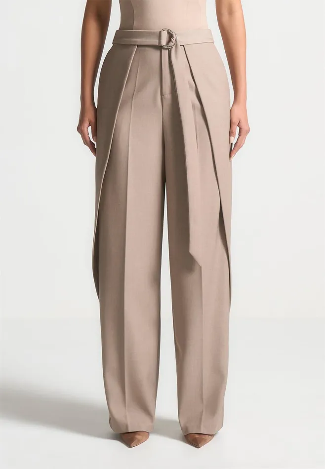 Women Manire De Voir Foldover Tailored Trousers With DRing Belt Taupe