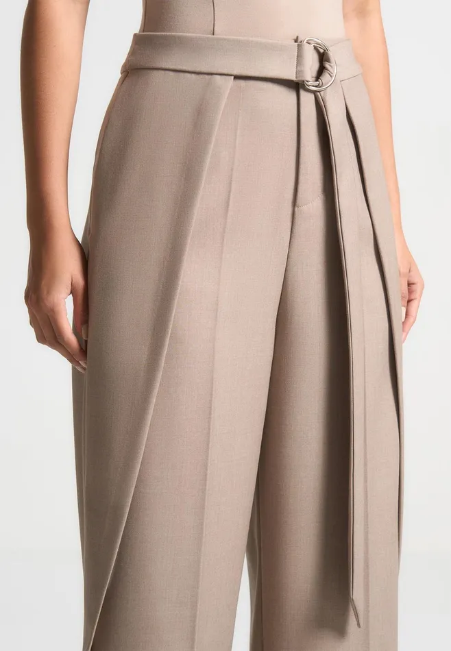 Women Manire De Voir Foldover Tailored Trousers With DRing Belt Taupe