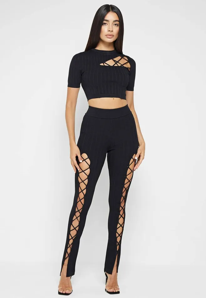 Women Manire De Voir Knitted Lace Up Leggings Black