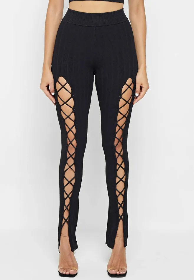 Women Manire De Voir Knitted Lace Up Leggings Black