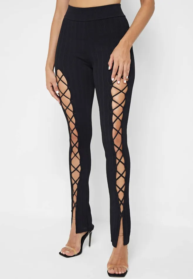 Women Manire De Voir Knitted Lace Up Leggings Black