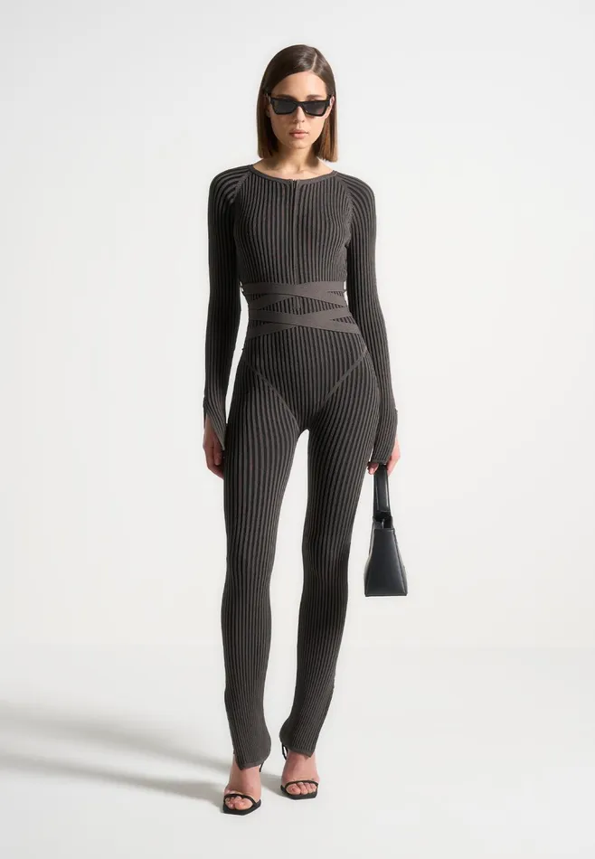 Women Manire De Voir Knitted Two Tone Jumpsuit With Belt Greyblack