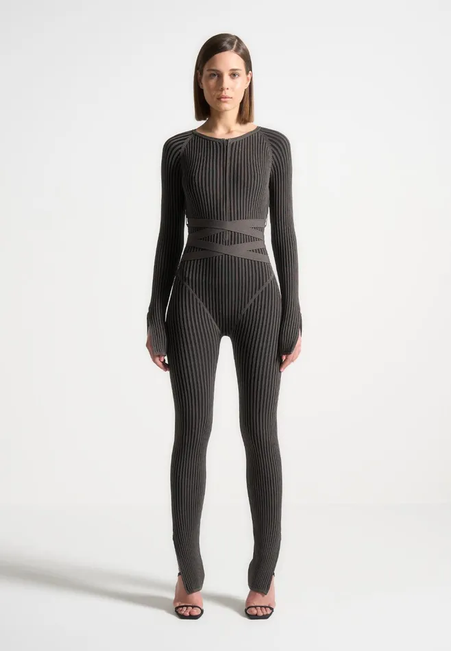 Women Manire De Voir Knitted Two Tone Jumpsuit With Belt Greyblack