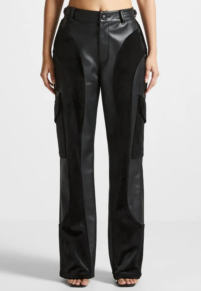Women Manire De Voir Leather And Velvet Cargo Pants Black