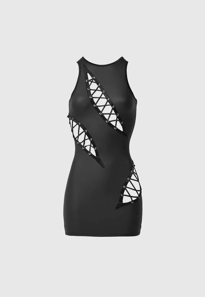Women Manire De Voir Leather Cut Out Mini Dress Black